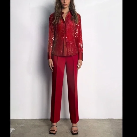 ZARA Red Sequin Long Sleeve Button Down Shirt NWT - Picture 13 of 14